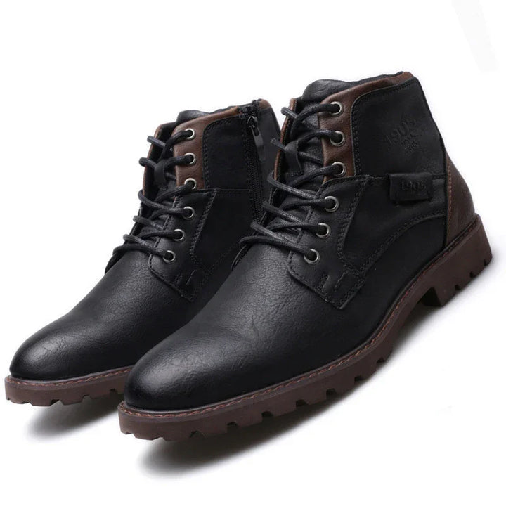 Black and brown men's leather lace-up ankle boots with side zipper and rugged sole