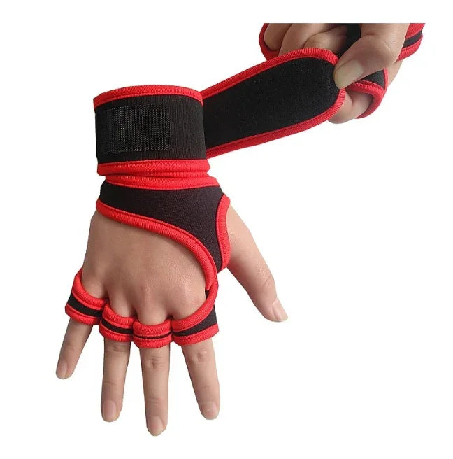 Hand wearing black and red fingerless workout gloves with wrist wrap being adjusted