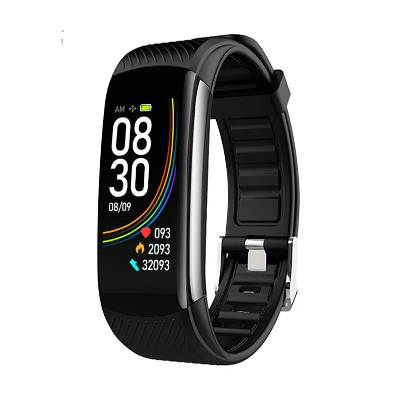 Black fitness tracker smartwatch with colorful activity icons and digital time display