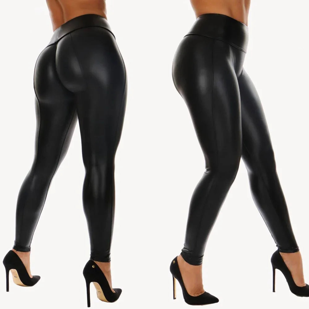 Woman wearing black shiny faux leather leggings paired with black high-heeled pumps