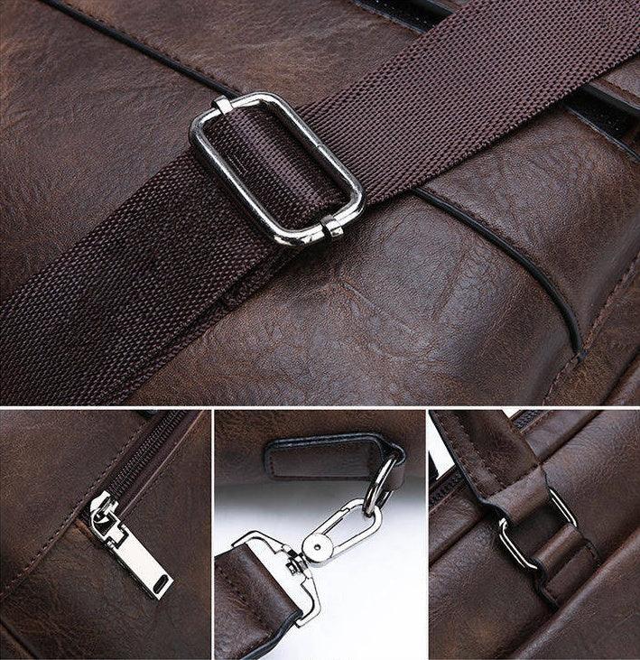Close-up details of a brown leather bag featuring metal buckle, zipper, and detachable clasp hardware