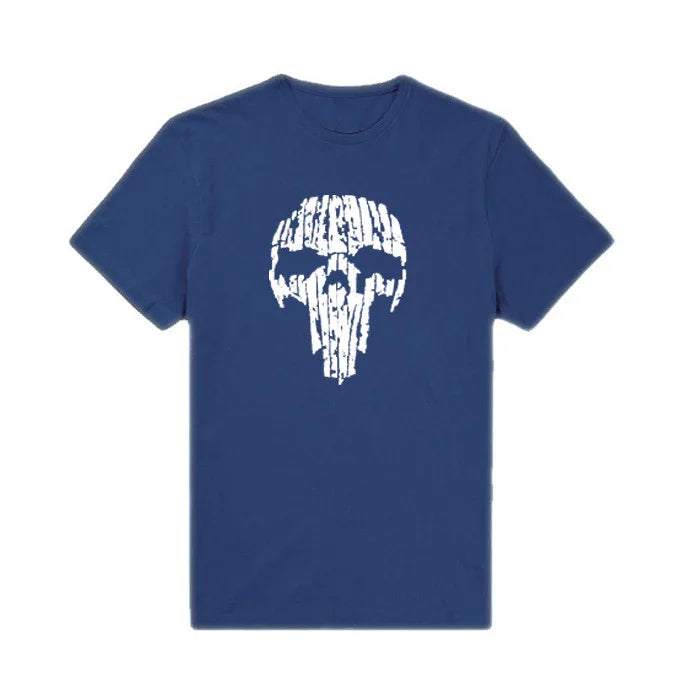 Navy blue t-shirt with white distressed skull design on front, casual graphic tee