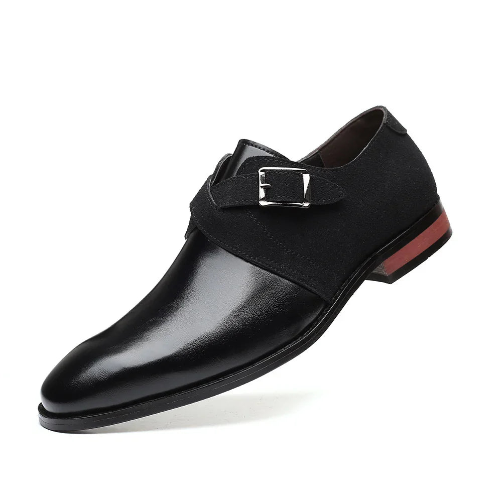 Black leather and suede mens monk strap dress shoe with silver buckle and wooden heel accent