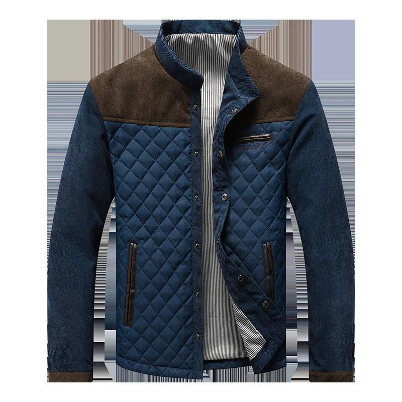 Men's quilted navy blue jacket with brown suede shoulder accents and snap button closure