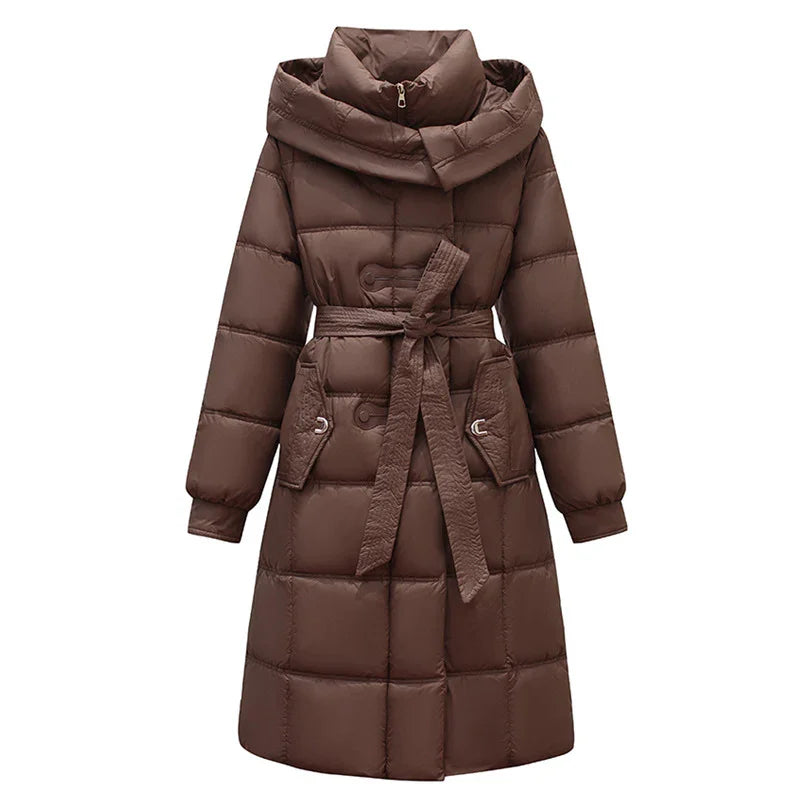 Brown long padded winter coat with tied belt, high collar, and flap pockets