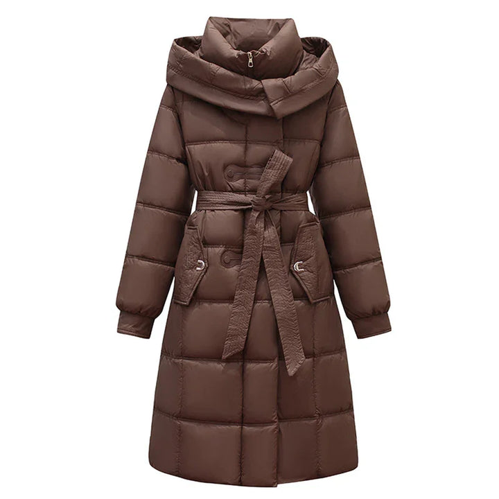 Brown long padded winter coat with tied belt, high collar, and flap pockets