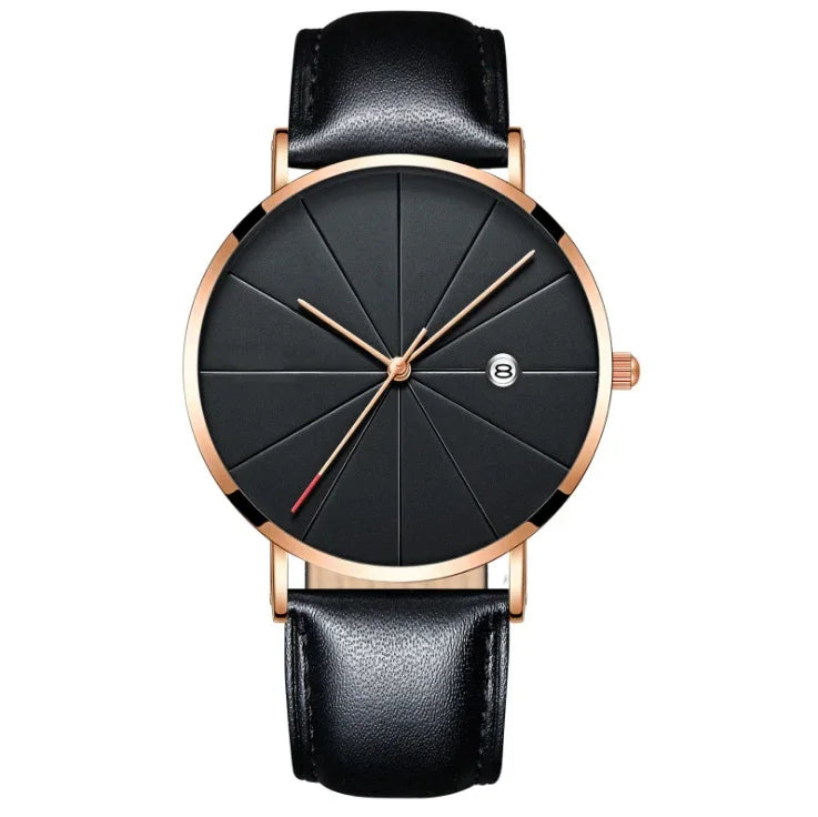 Elegant wristwatch with black textured dial, rose gold case, black leather strap, and date display at 3 o'clock