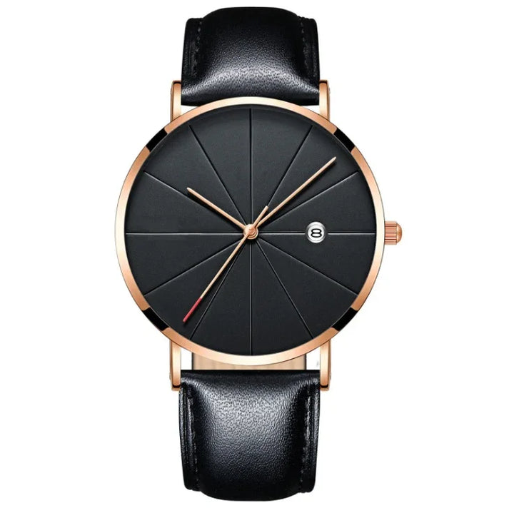 Elegant wristwatch with black textured dial, rose gold case, black leather strap, and date display at 3 o'clock