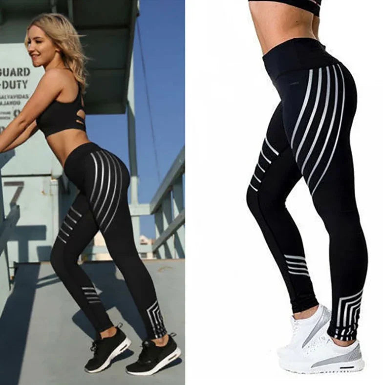 Woman wearing black athletic leggings with curved white stripes, shown outdoors and studio, paired with sneakers