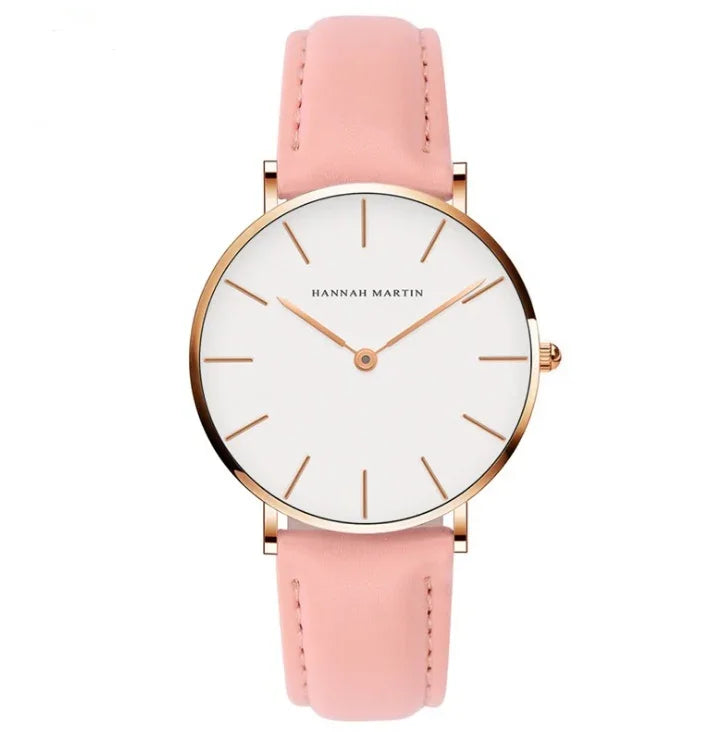 Minimalist Hannah Martin wristwatch with rose gold case and pink leather strap