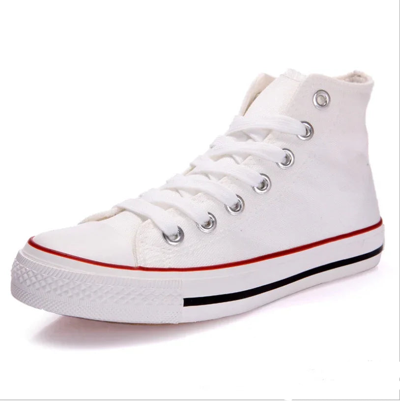 White high-top canvas sneaker with red and black stripe on rubber sole and white laces