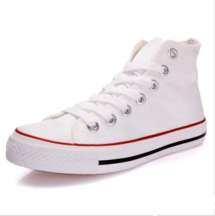 White high-top canvas sneaker with red and black stripe on rubber sole and white laces