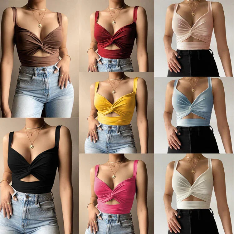 Collage of cropped twist knot crop tops in brown, red, white, yellow, blue, black, pink, and cream styles worn with jeans or black pants