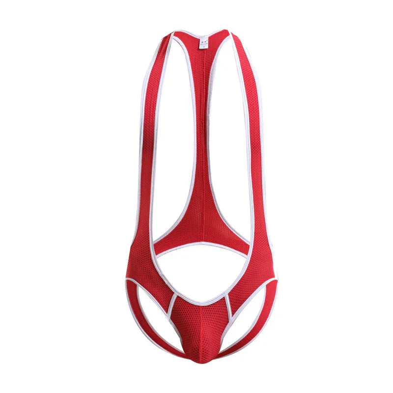 Red men's mesh thong bodysuit with white trim, sleeveless and open back design