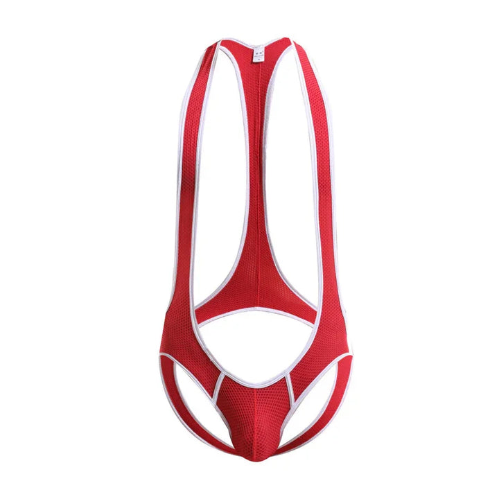 Red men's mesh thong bodysuit with white trim, sleeveless and open back design