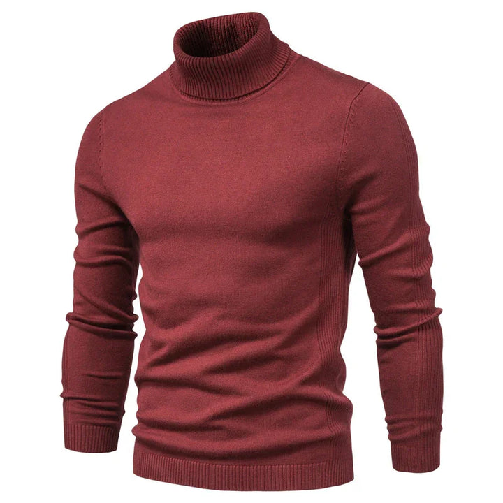 Men's burgundy ribbed turtleneck sweater long sleeves slim fit winter knitwear