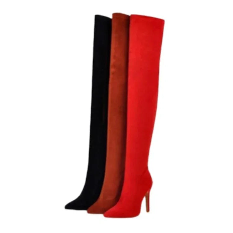 Three pairs of tall suede high-heeled boots in black, brown, and red colors