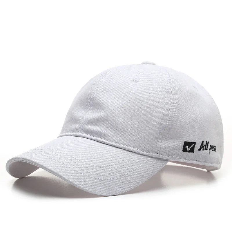 White baseball cap with curved brim and small black 'All pass' checkmark logo on side
