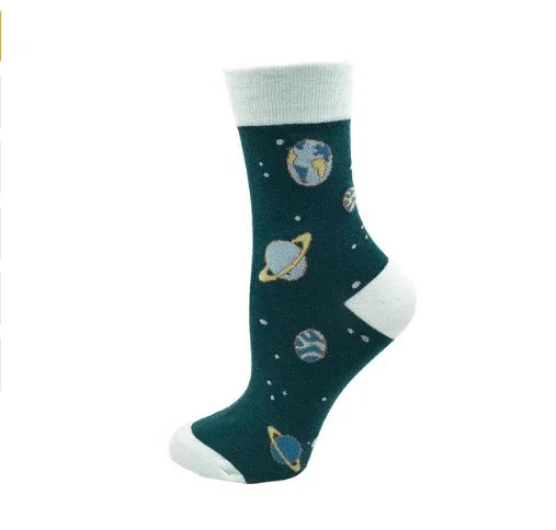 Dark green crew sock with white cuff and toe featuring colorful planet and space designs