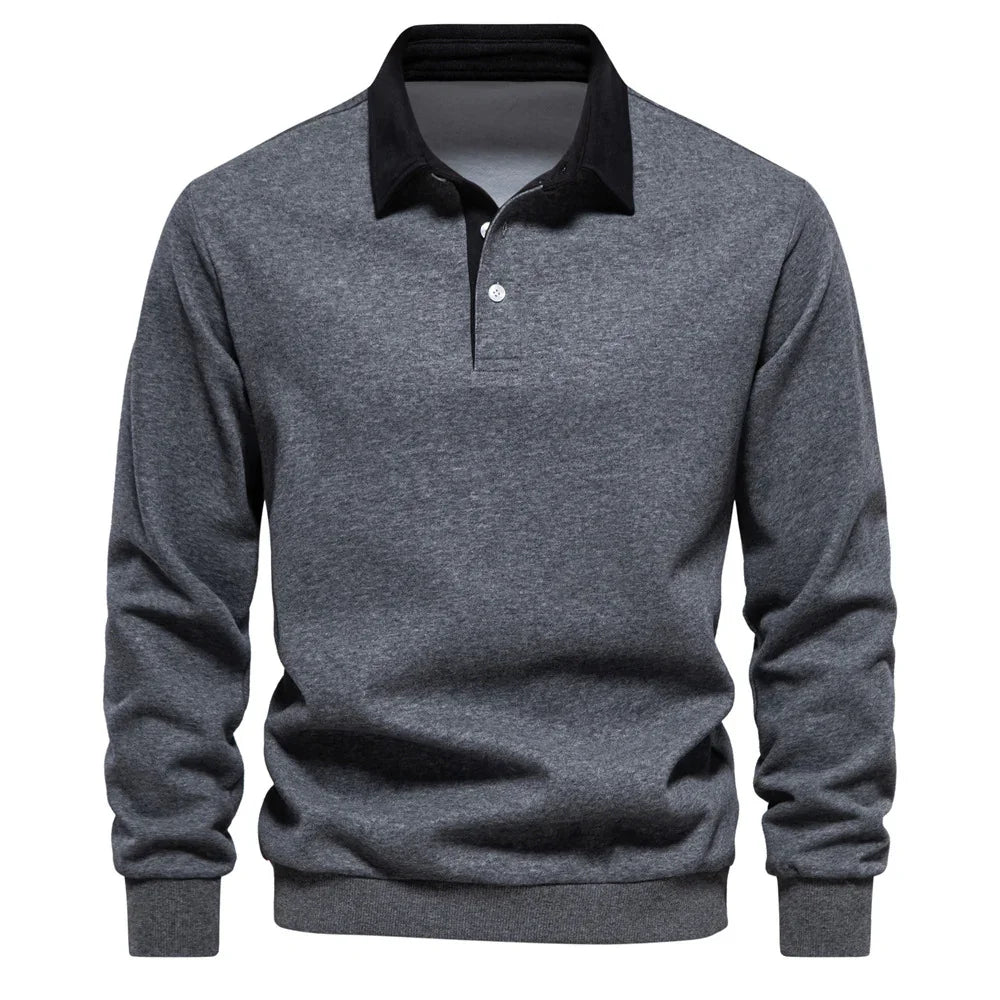 Men's casual grey long sleeve pullover with black collar and button detail