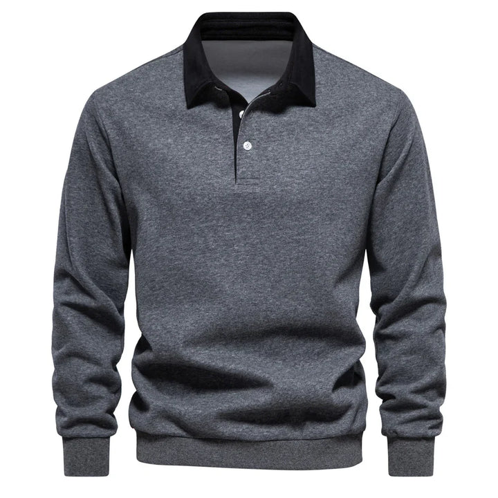 Men's casual grey long sleeve pullover with black collar and button detail