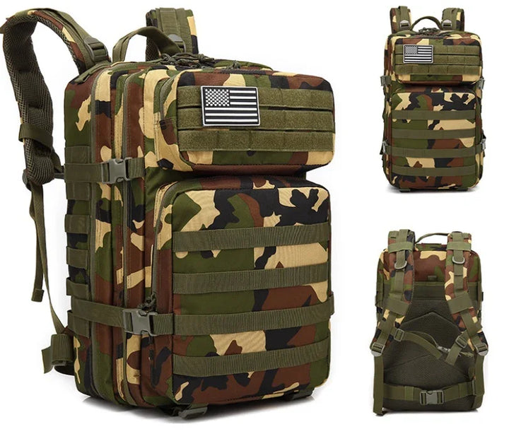 Camouflage tactical backpack with multiple compartments, MOLLE webbing, and US flag patch