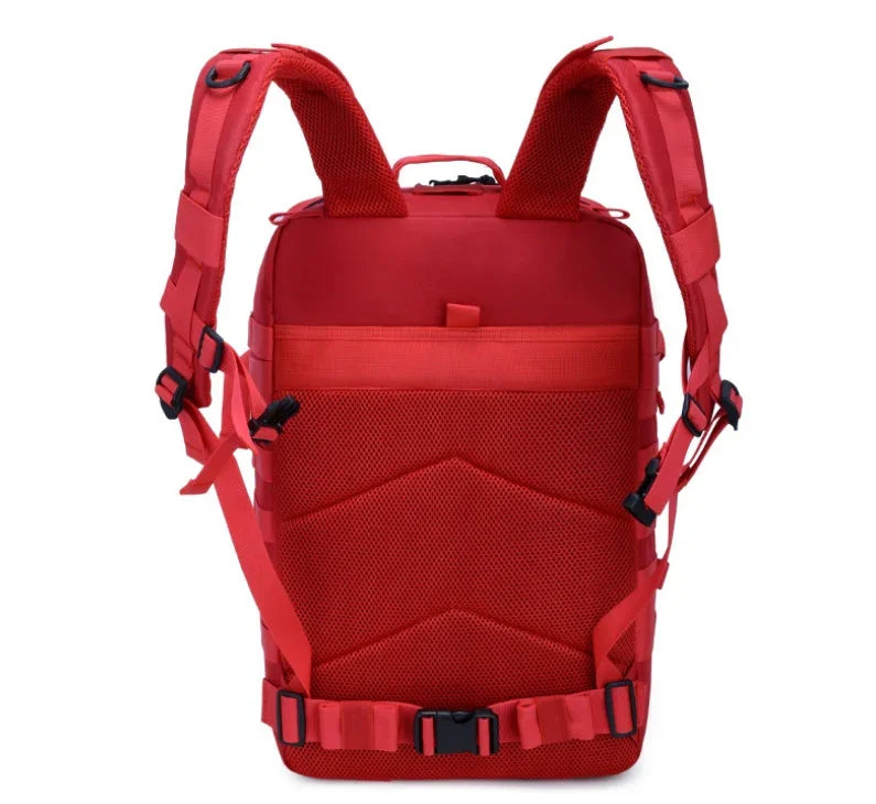 Red backpack with padded mesh back, adjustable shoulder straps, and waist belt buckle