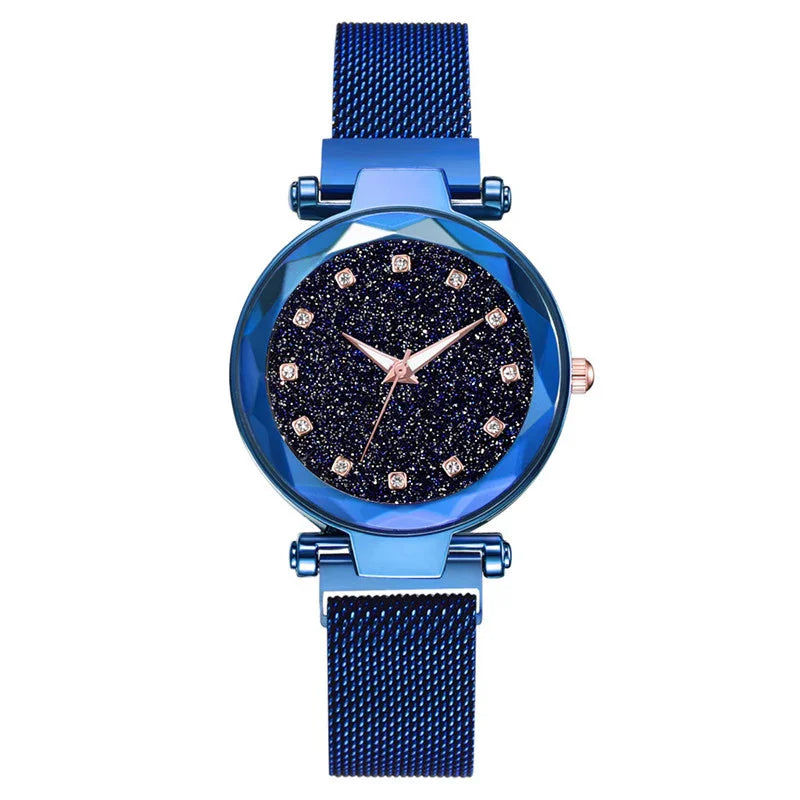Blue mesh strap wristwatch with sparkling dark blue galaxy dial and rose gold markers