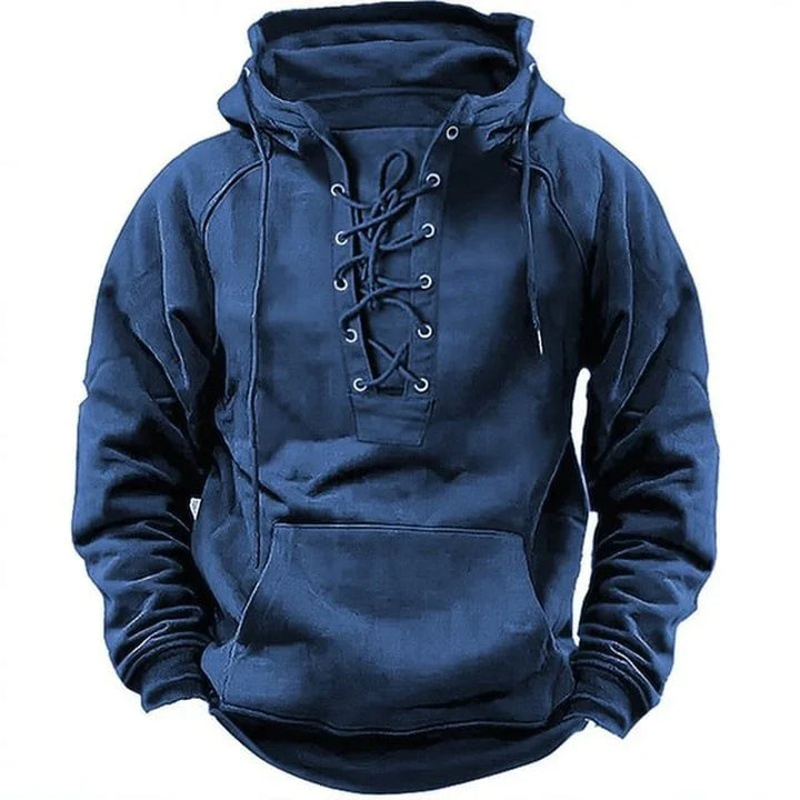 Navy blue lace-up pullover hoodie with front pocket and adjustable hood drawstrings
