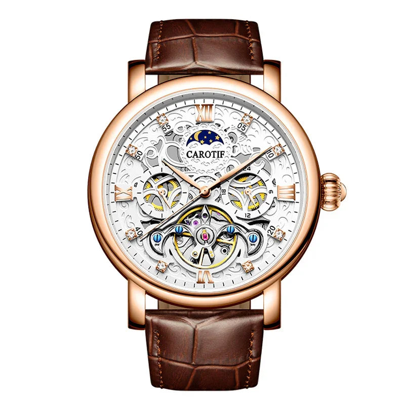 Carotif luxury mechanical wristwatch with skeleton dial, moon phase, rose gold case, and brown leather strap