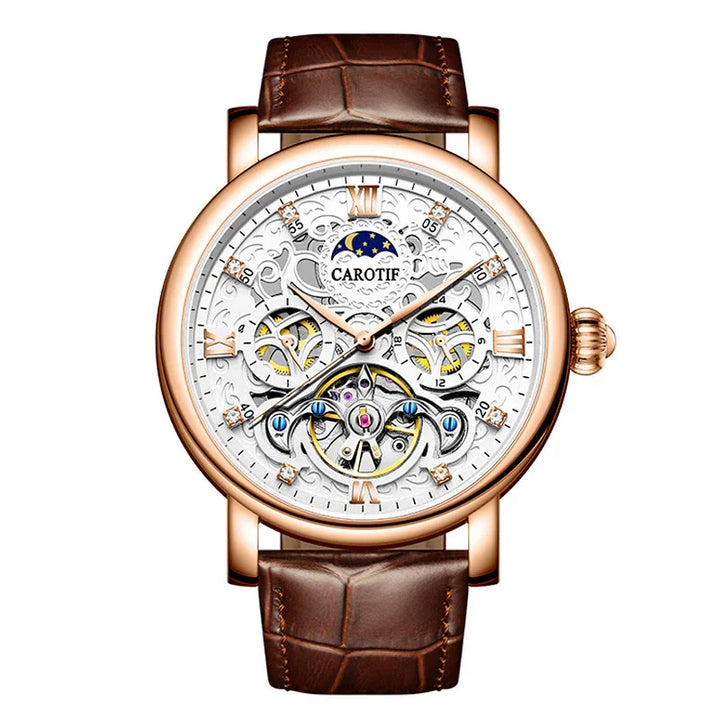 Carotif luxury mechanical wristwatch with skeleton dial, moon phase, rose gold case, and brown leather strap