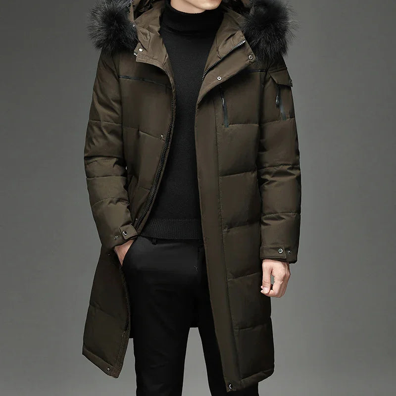 Men's long padded winter parka coat with fur-trimmed hood in dark olive green