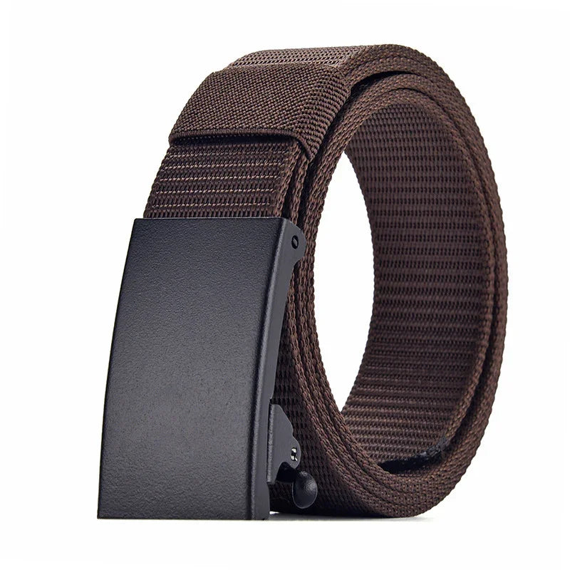 Brown woven fabric belt with matte black metal buckle rolled up on white background