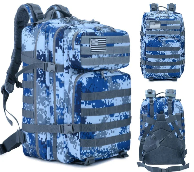 Digital blue and gray camouflage tactical backpack with US flag patch, multiple compartments, and adjustable straps