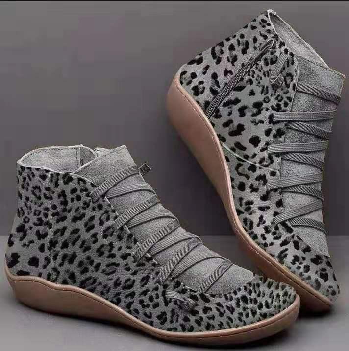 Gray leopard print wedge ankle boots with side zipper and crisscross laces