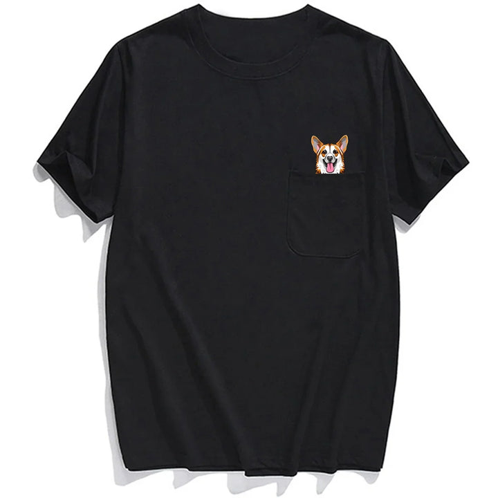 Black t-shirt with small pocket featuring cute corgi dog face graphic