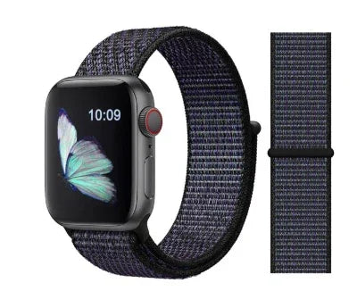 Smartwatch with black case and digital butterfly display, paired with a black and purple woven nylon band
