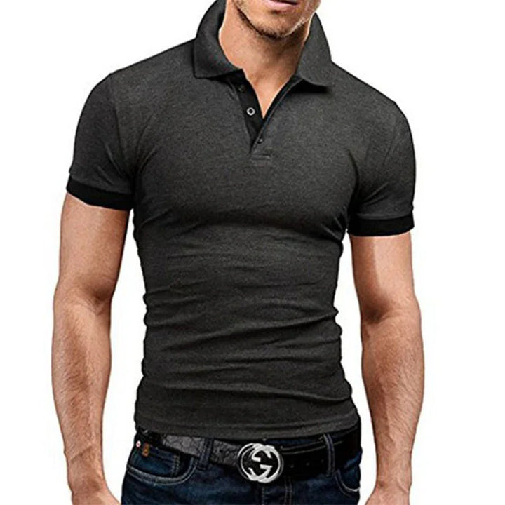 Men's fitted short sleeve black polo shirt paired with jeans and designer belt