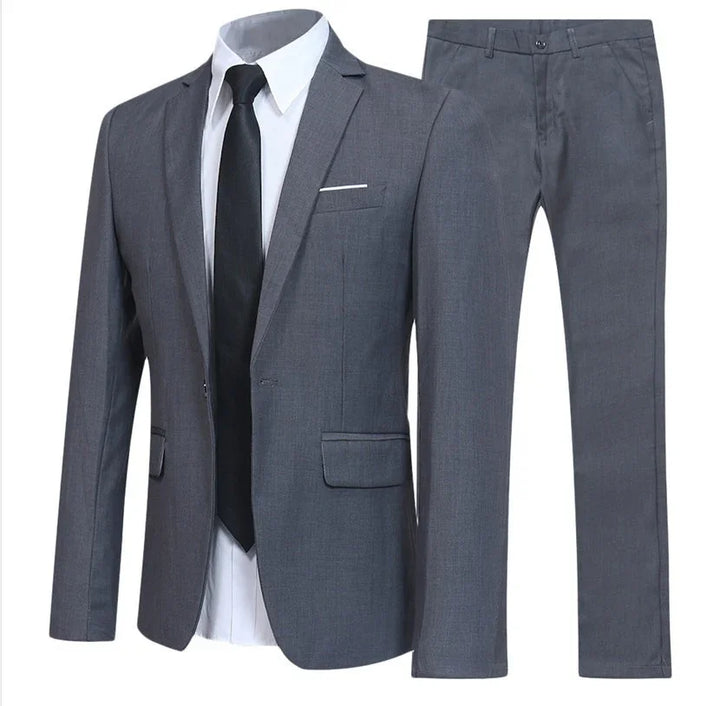 Men's grey business suit with jacket, trousers, white dress shirt, and black tie