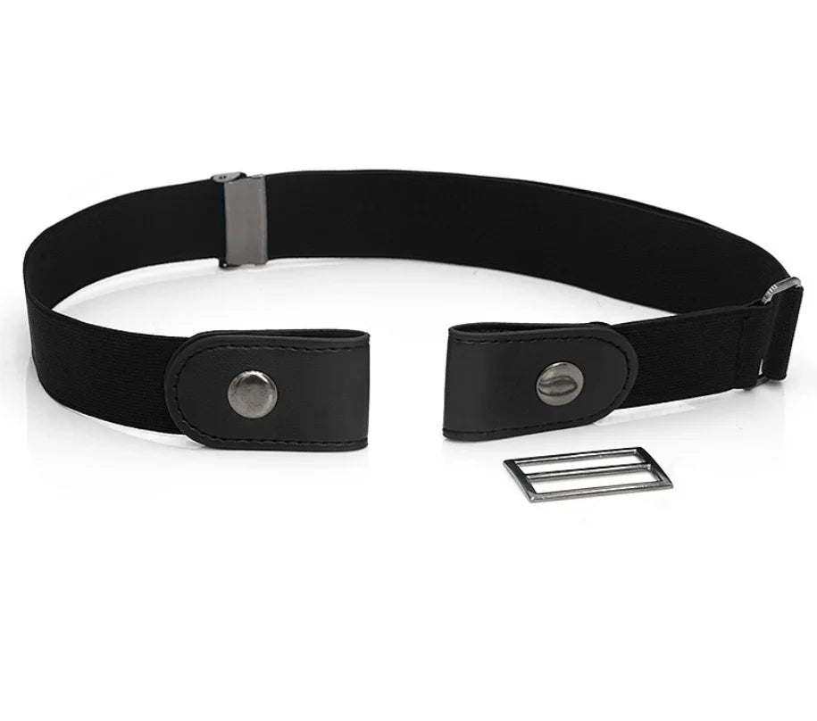 Adjustable black elastic belt with metal snap buttons and silver buckle accessory on white background
