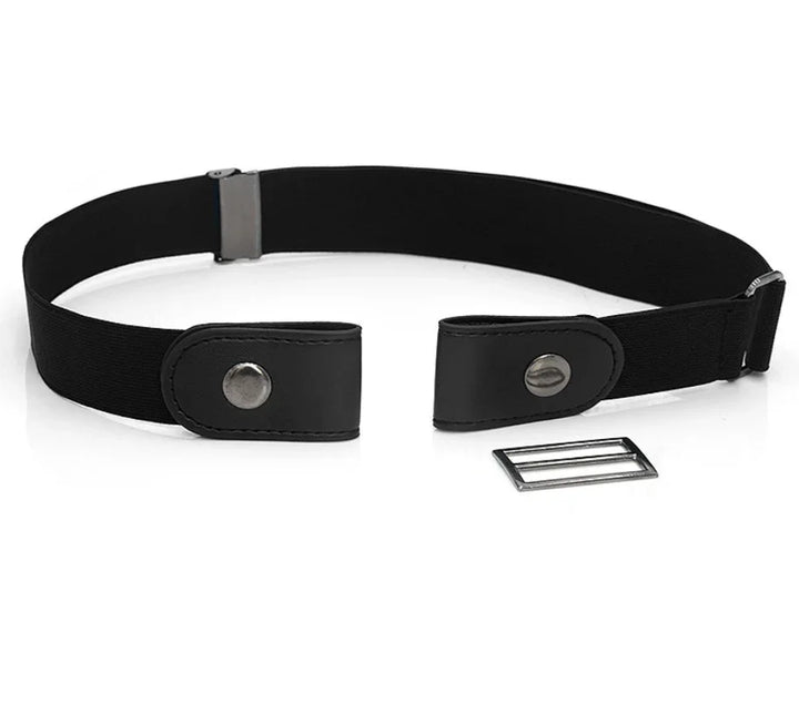 Adjustable black elastic belt with metal snap buttons and silver buckle accessory on white background