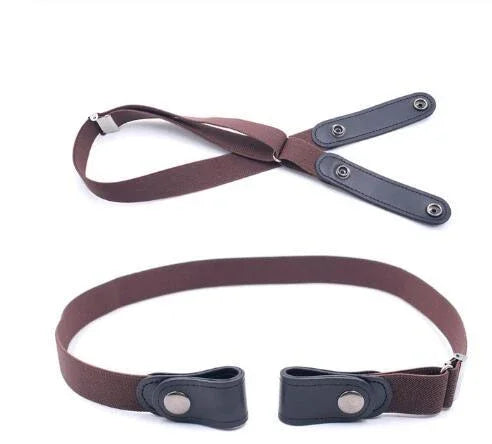 Brown adjustable elastic belt with black leather snap button ends on white background