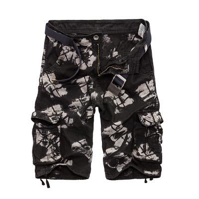 Black and white tie-dye cargo shorts with multiple pockets and a black belt