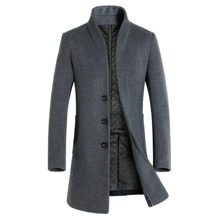 men's charcoal gray wool blend overcoat with quilted lining and three black buttons