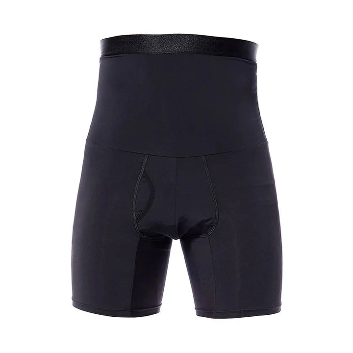 black high-waisted compression shorts with padded crotch area on white background
