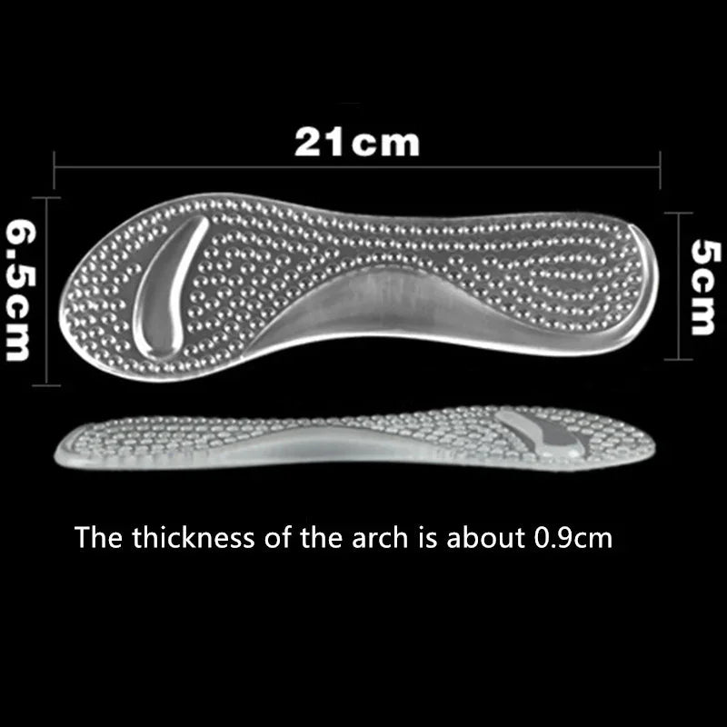 Transparent gel shoe insoles with textured surface and arch support, dimensions 21cm by 6.5cm by 5cm