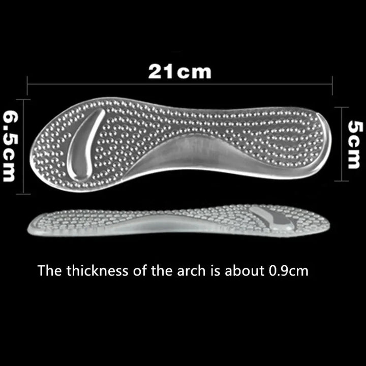 Transparent gel shoe insoles with textured surface and arch support, dimensions 21cm by 6.5cm by 5cm