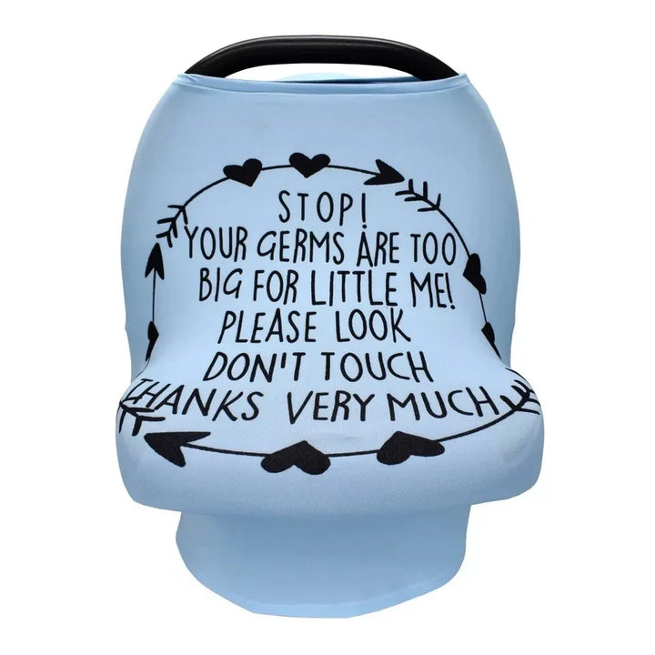 Blue baby car seat cover with black text warning to stop germs and not touch