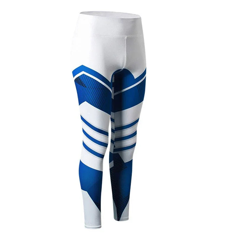 White and blue geometric patterned athletic leggings with high waistband against white background