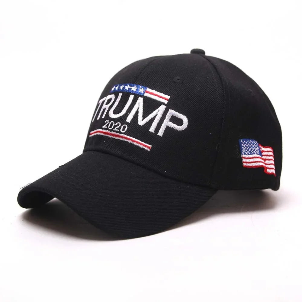 Black baseball cap with embroidered Trump 2020 logo and American flag patch on side